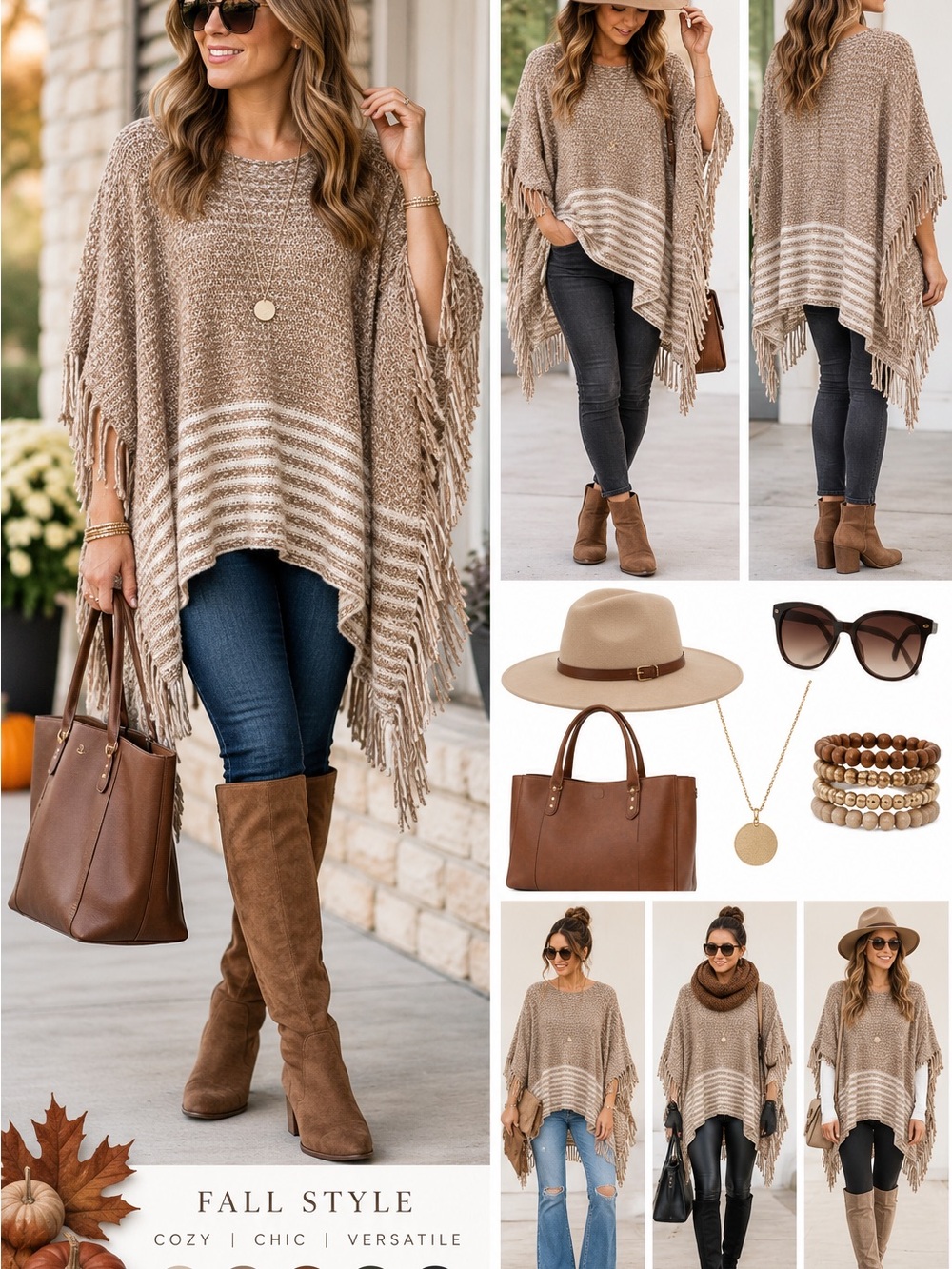 NWT Buckle Beige Fringe Knit Poncho with Ivory Stripe Detail